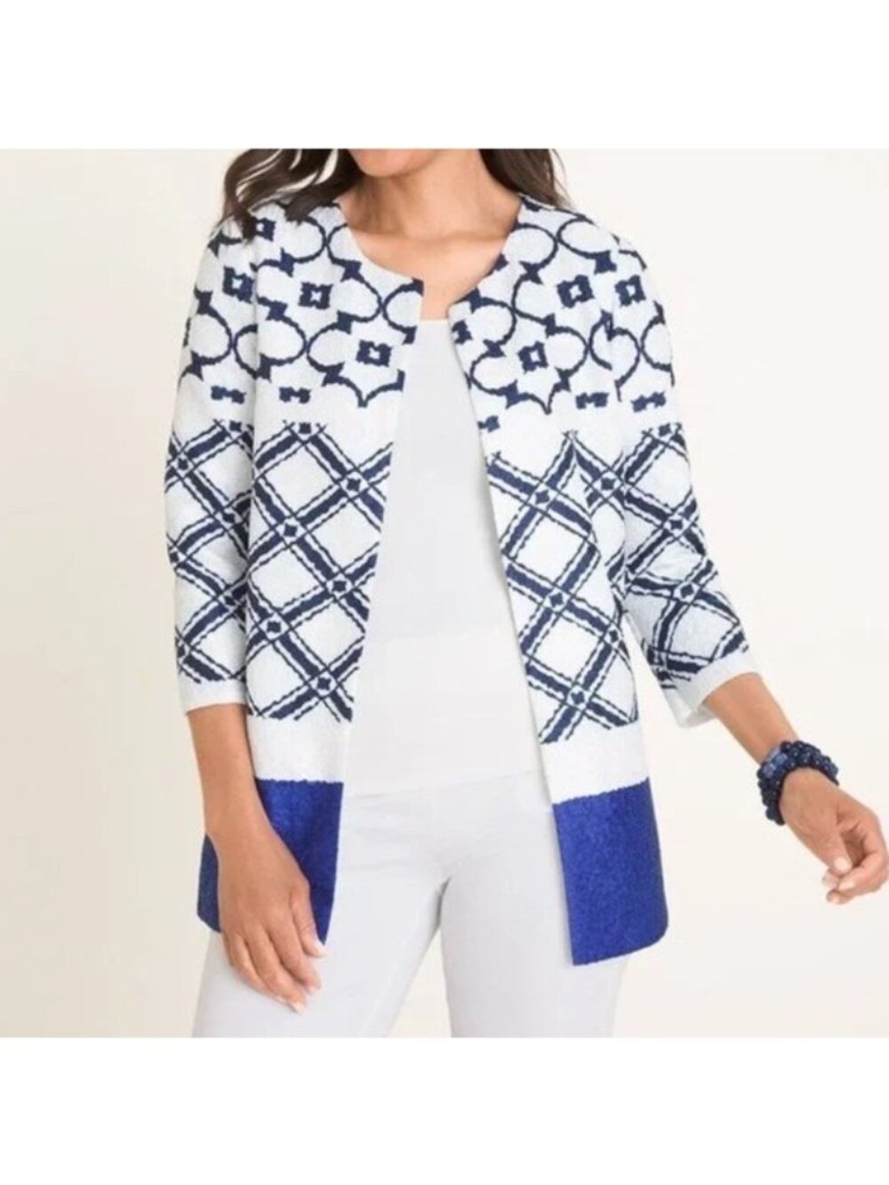 Chicos Travelers Womens White & Blue Open Front Jacket Textured Geometric Print